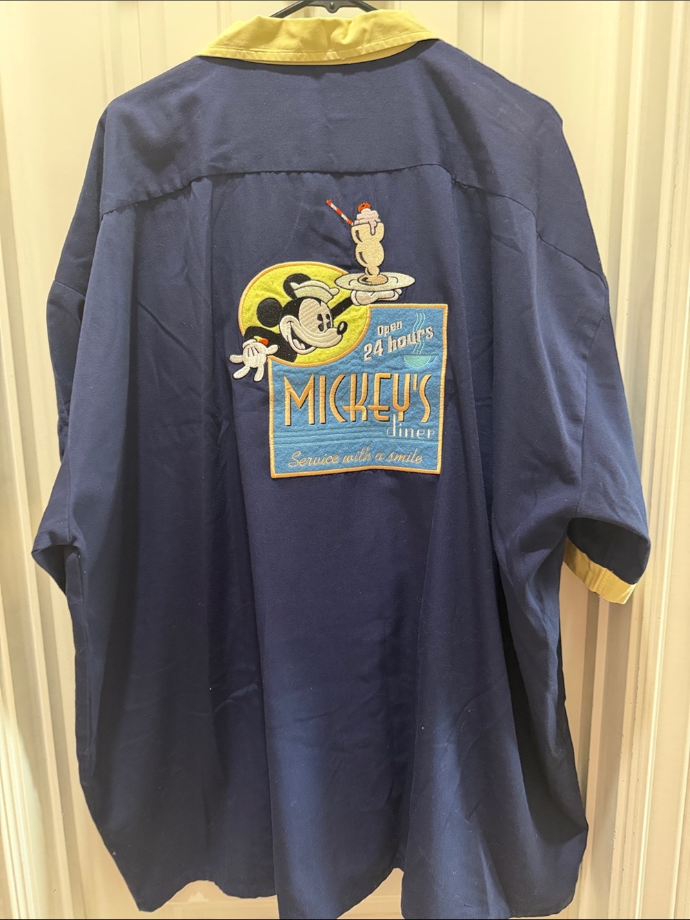 Disney Mickey Mouse Navy Short-Sleeve Bowling Shirt with Yellow Contrast Collar